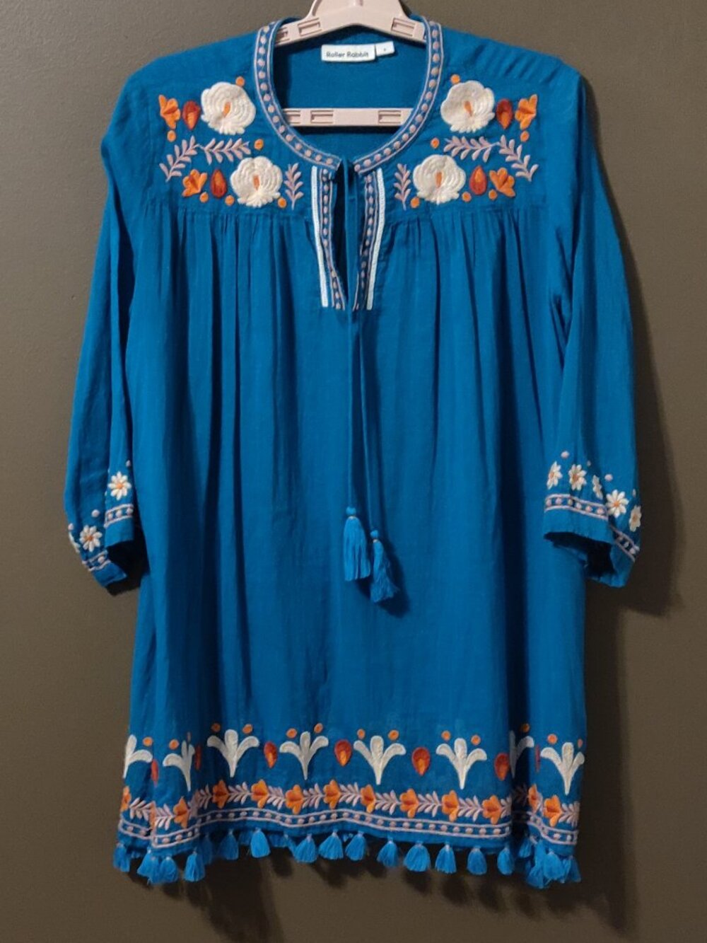 Roller Rabbit Lucknow Serafina Embroidered Tassel Tunic In Blue Small
